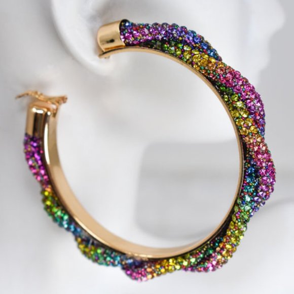 3" Braid Twist Multicolor Rhinestone Hoop Earrings - Picture 3 of 12